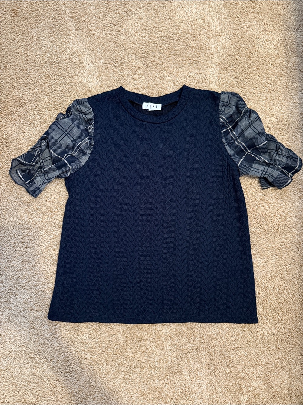 THML Navy Knit Top with Gray Plaid Puff Sleeves
